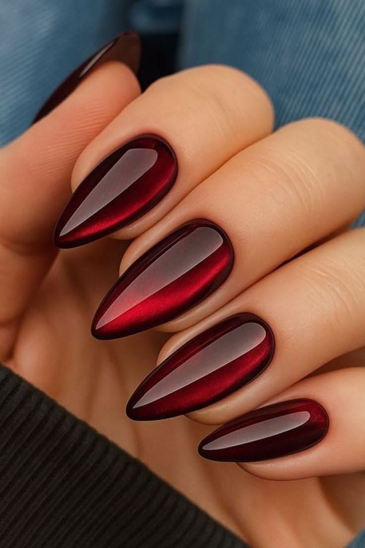 Deep wine cat eye almond nails, dark red magnetic almond set
