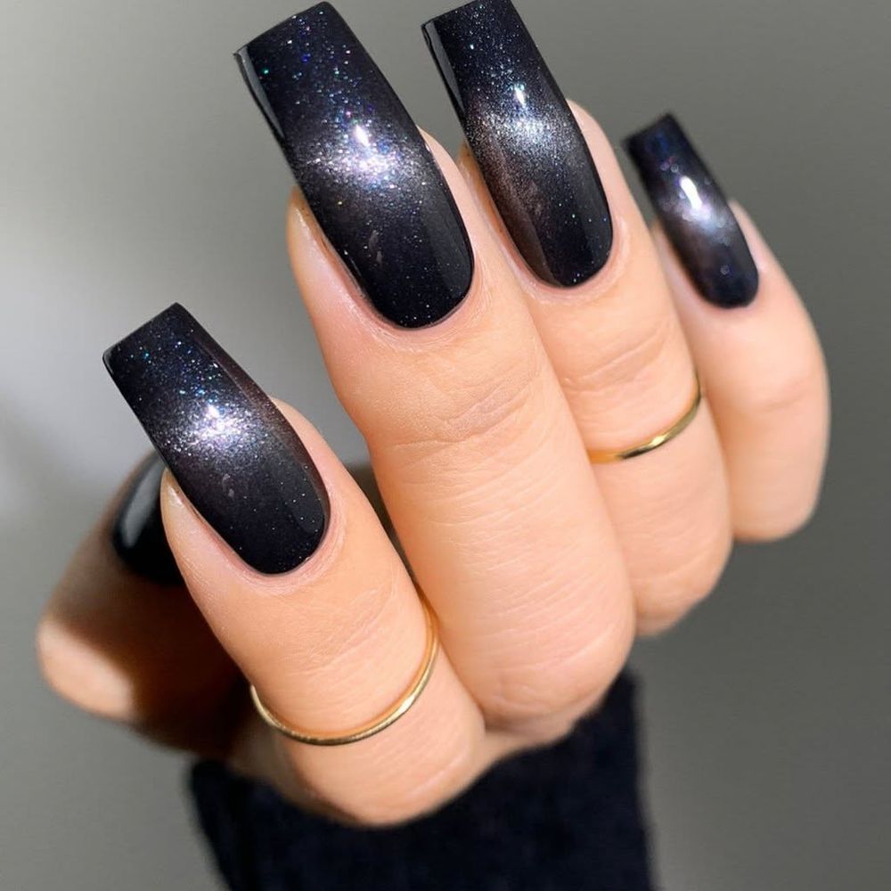Galaxy navy cat eye long coffin nails, dark blue magnetic with a starfield glow