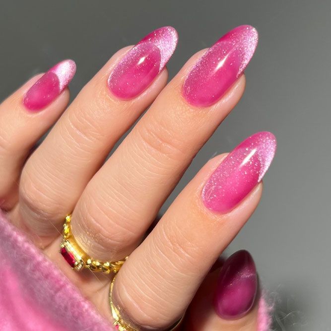 Hot pink glitter cat eye almond nails, bright pink magnetic glitter set