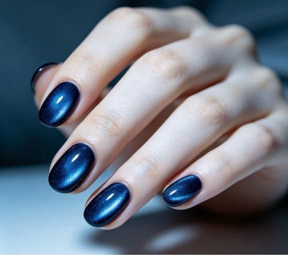 Navy cat eye short oval nails, deep blue magnetic short set