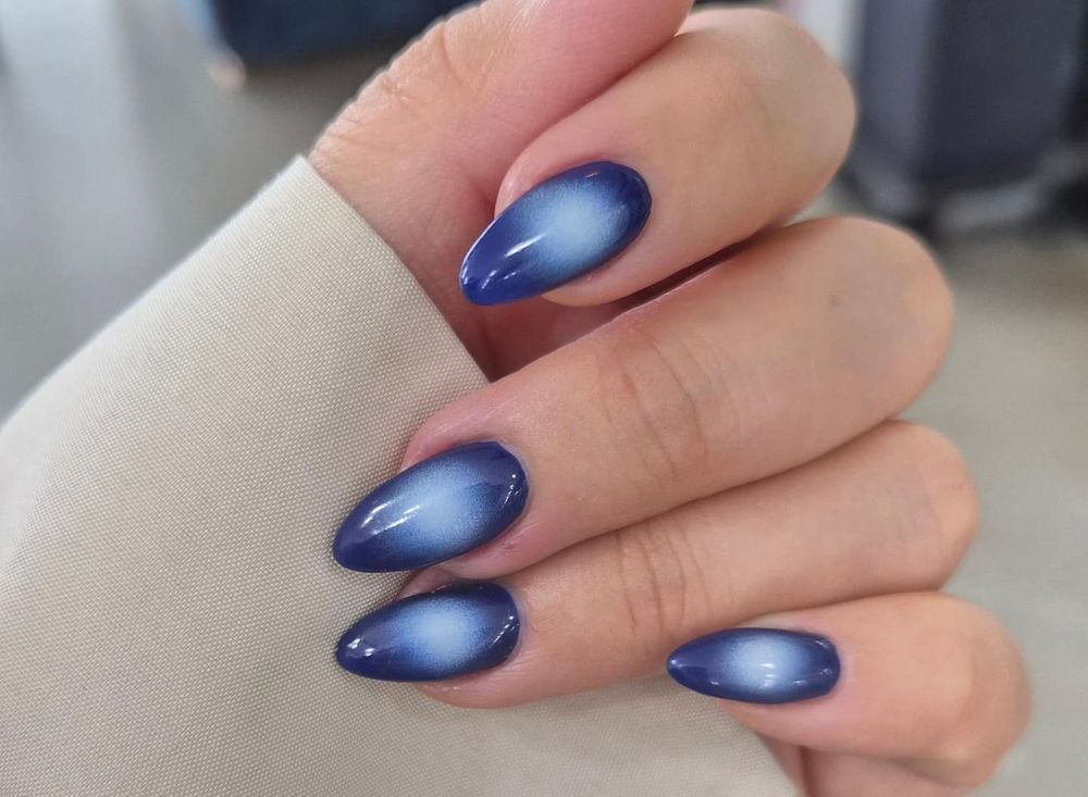 Periwinkle velvet cat eye short oval nails, soft blue purple glowing short set