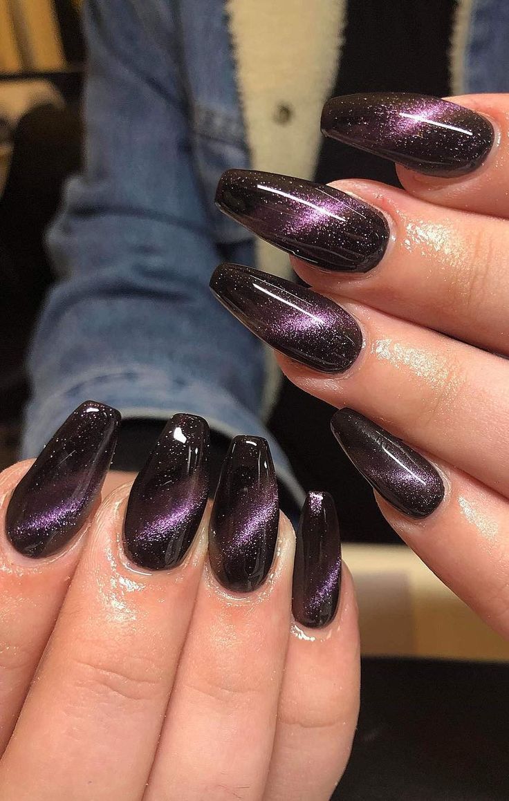 Purple galaxy cat eye coffin nails, purple magnetic starfield coffin set