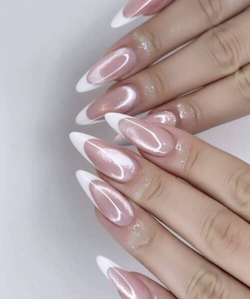 White French cat eye almond nails, glowing white magnetic French set