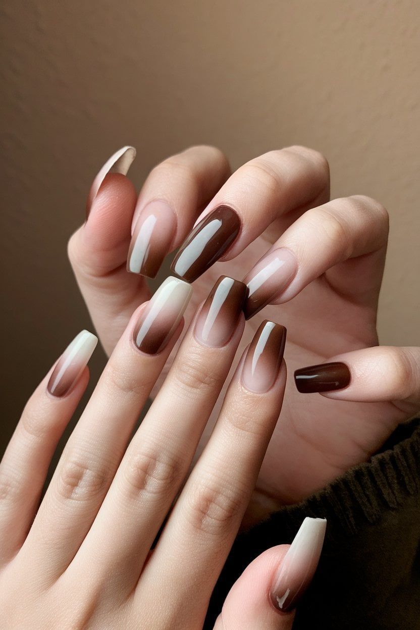 Brown and white ombre almond mix nails, coffee to cream gradient set
