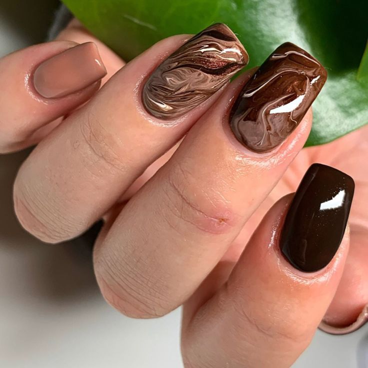 Brown marble swirl square nails, chocolate and cream swirls on a square