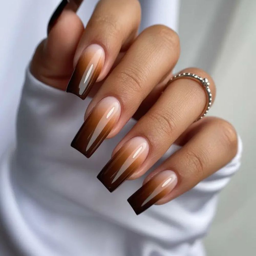 Brown ombre long square nails, chocolate gradient at long square length
