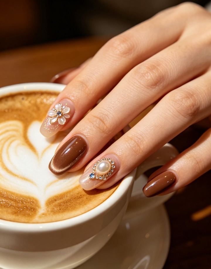 Chocolate almond nails with floral gems over a latte, brown set with gem flowers above a coffee cup
