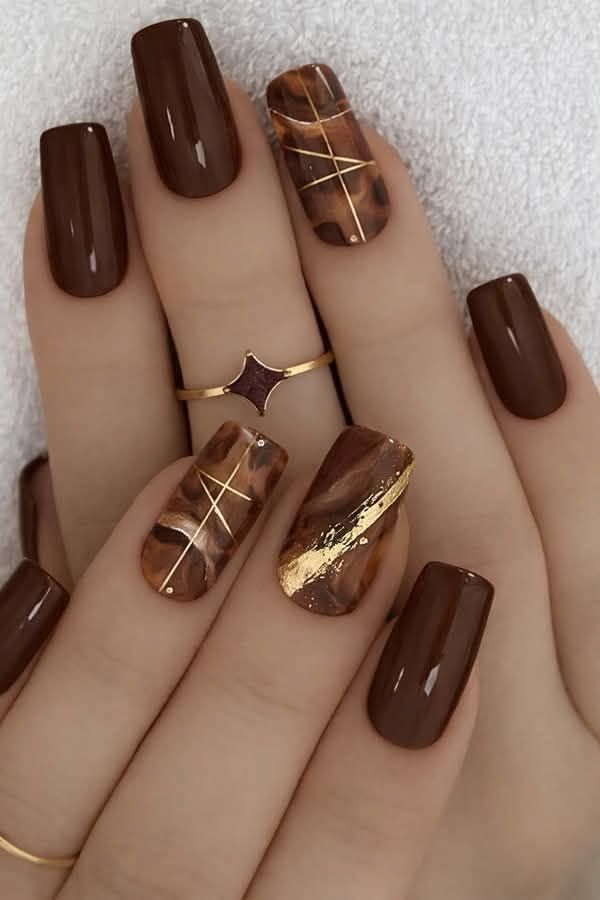Chocolate square nails with gold line marble, brown squares with gold veined marble accents