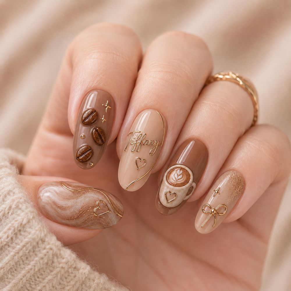 Coffee bean and latte cup short nails, brown art set with beans and a tiny cup
