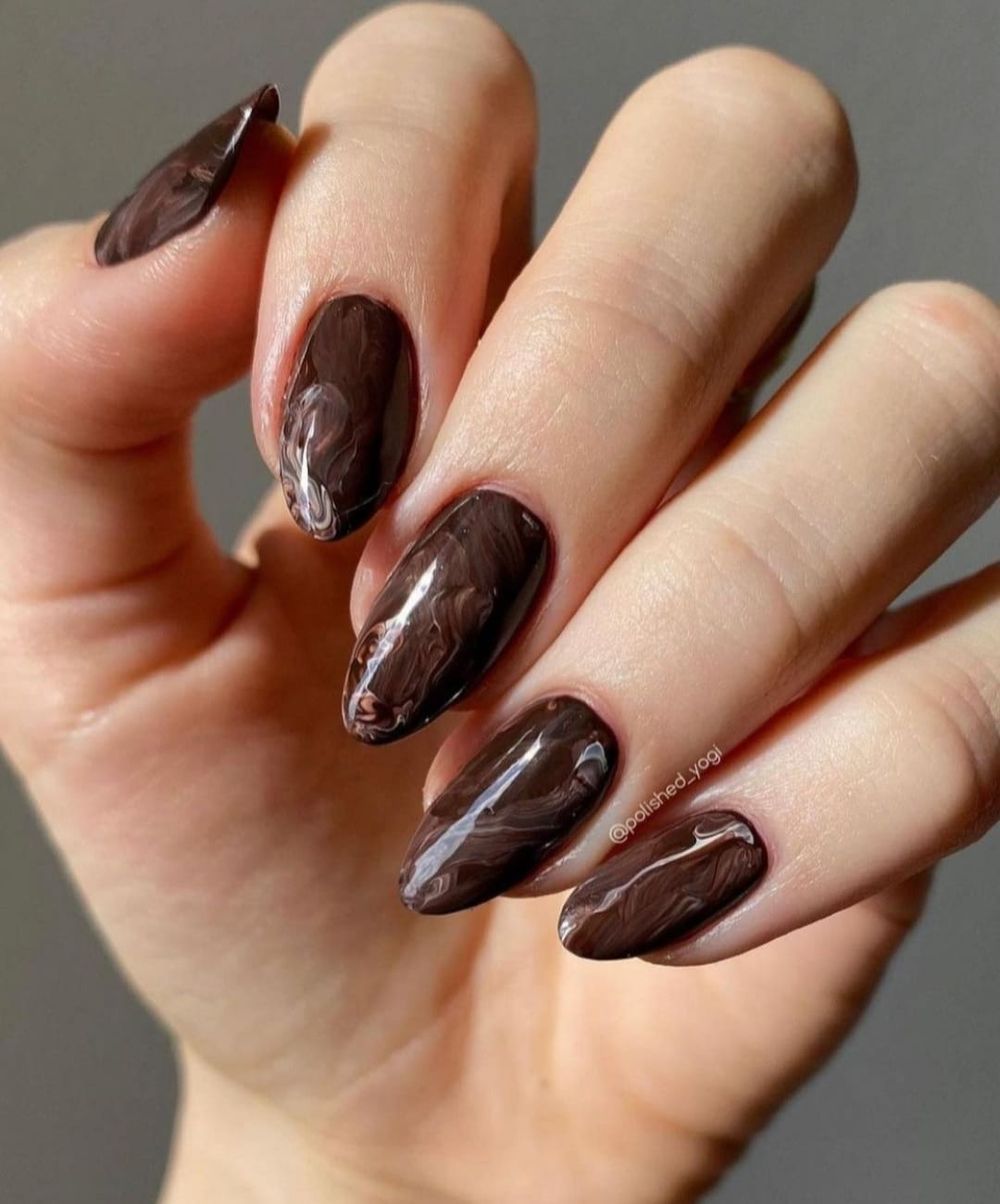 Dark chocolate marble almond nails, deep brown marble almond set