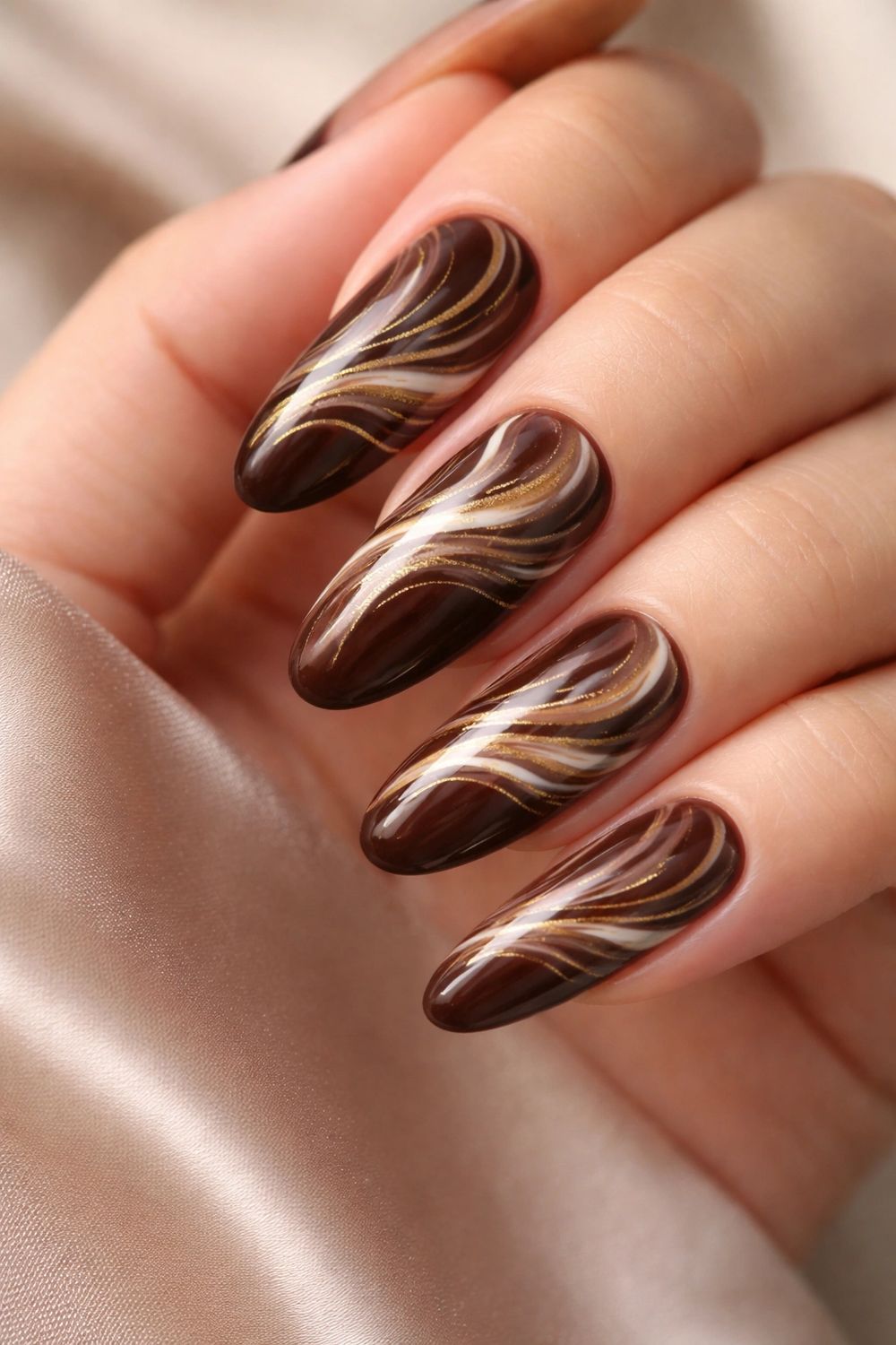 Dark chocolate swirl almond nails on silk, deep brown swirls styled on fabric
