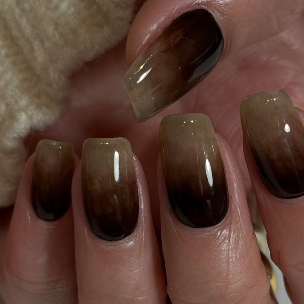 Dark ombre square nails, near black brown gradient on squares