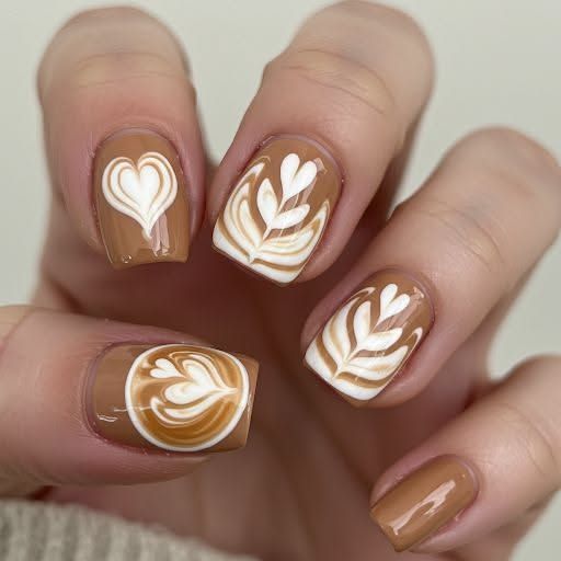 Latte art short square nails, caramel nails with cream rosetta and heart art