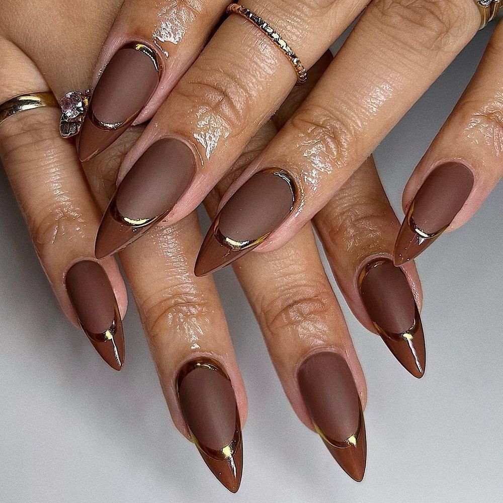 Matte cocoa almond nails with gold outline French, matte brown with gold tip lines