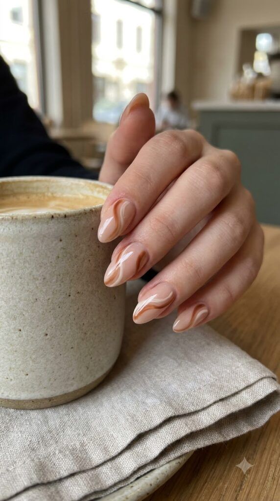 Nude French short nails holding a latte, classic French tips with a coffee cup