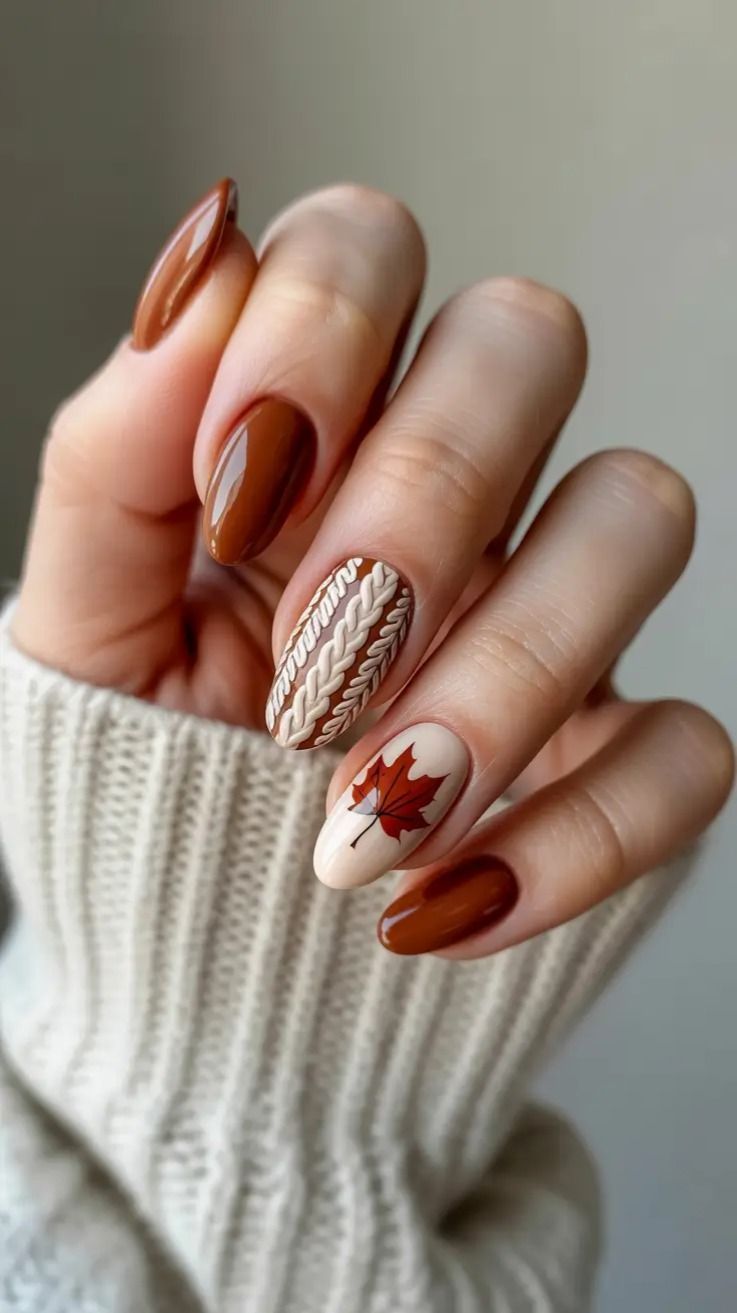 Caramel almond nails with a maple leaf and cable knit accent art, fall sweater set