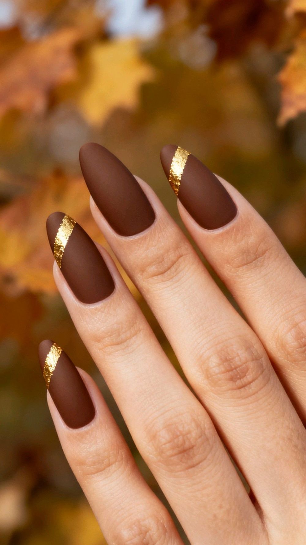 Matte chocolate almond nails with gold band tips, photographed with autumn leaves