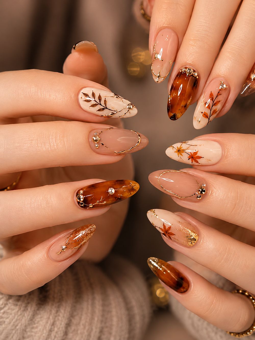 Tortoise and leaf art almond nail mix, amber tortoiseshell nails with gold leaf accents on both hands