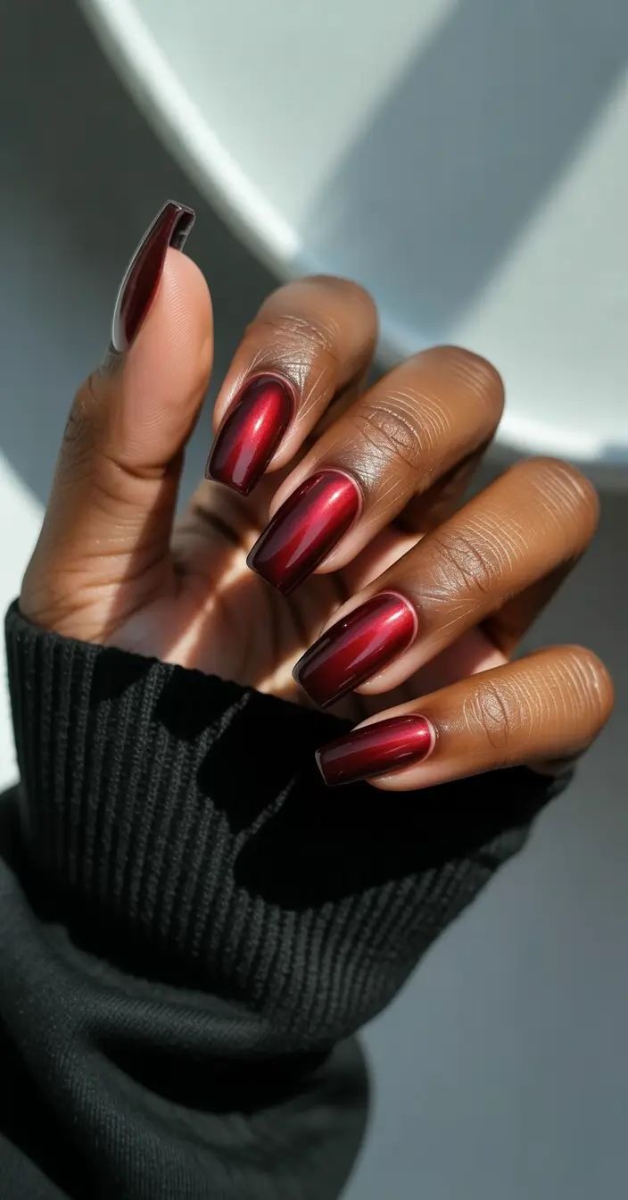 Burgundy cat eye almond nails on dark skin with a magnetic shimmer stripe, hand in a black knit sleeve