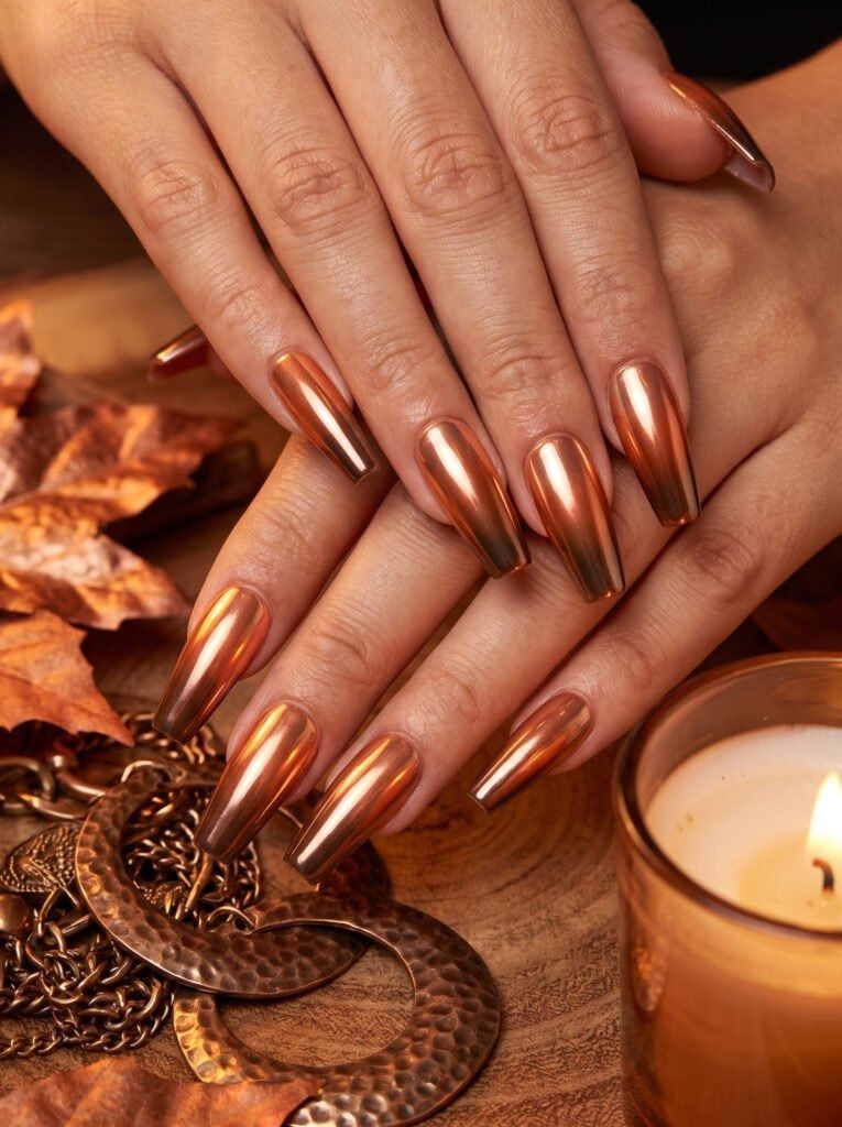 Copper chrome stiletto nails photographed with a candle and fall leaves, liquid bronze mirror finish