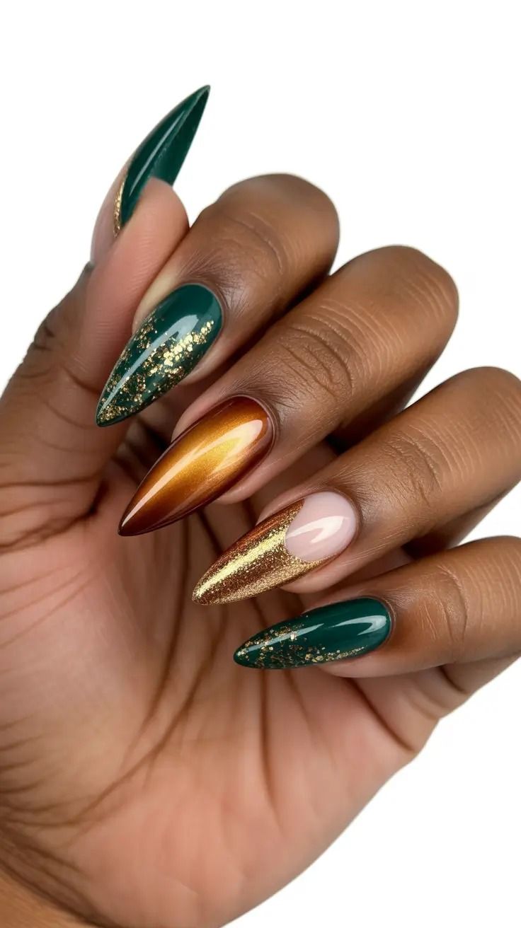Forest green and gold chrome stiletto nails on dark skin, emerald glitter and metallic gold mix