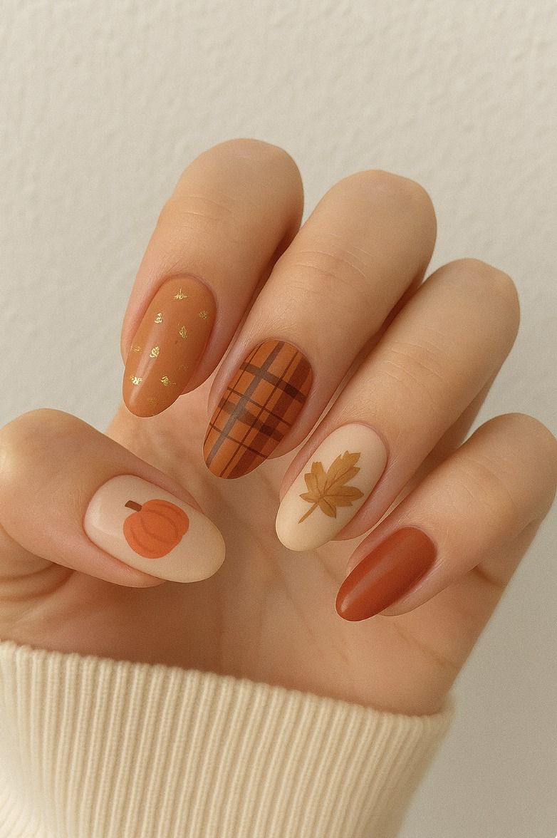 Short fall nails with plaid, tiny pumpkin and leaf art on cream and rust nails