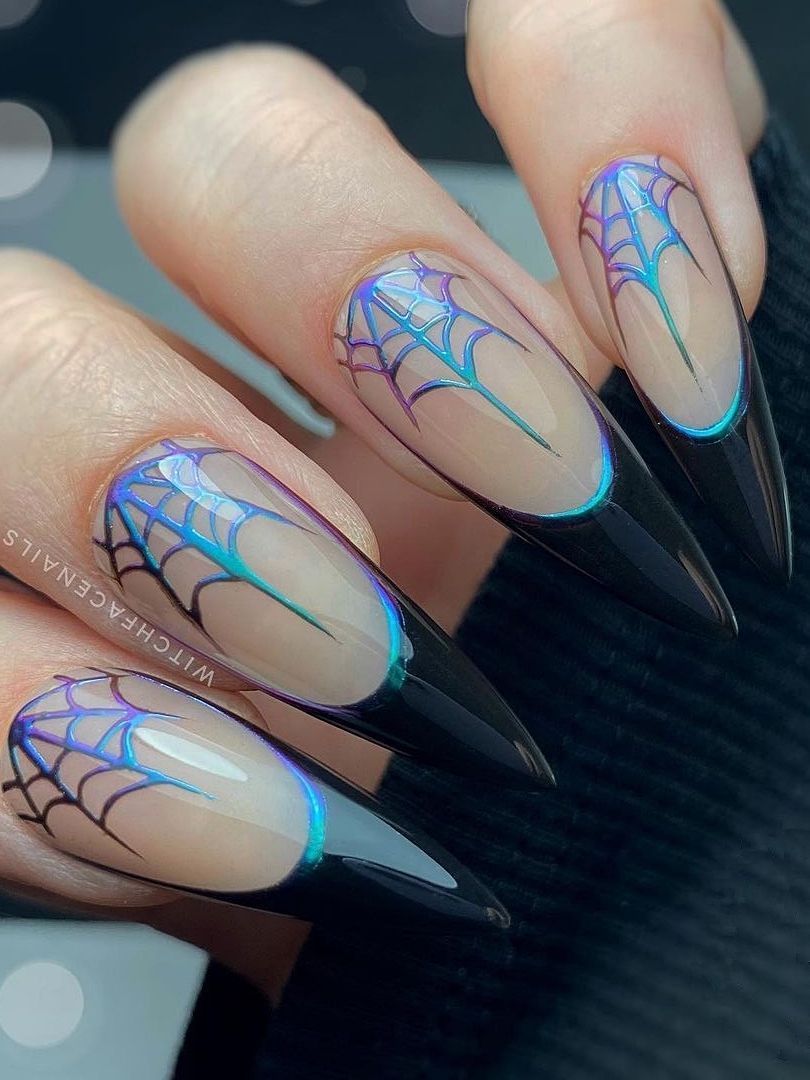 Black French stiletto nails with blue aura glow and spiderweb art