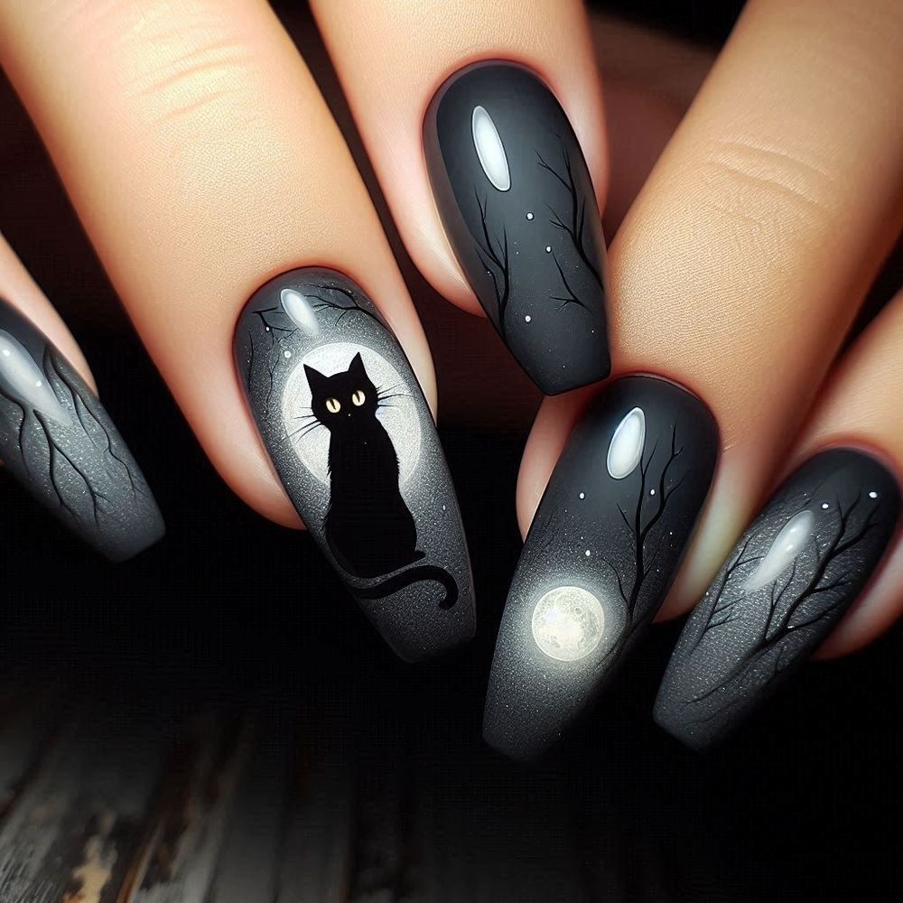 Grey and black ombre oval nails with a black cat silhouette and full moon art