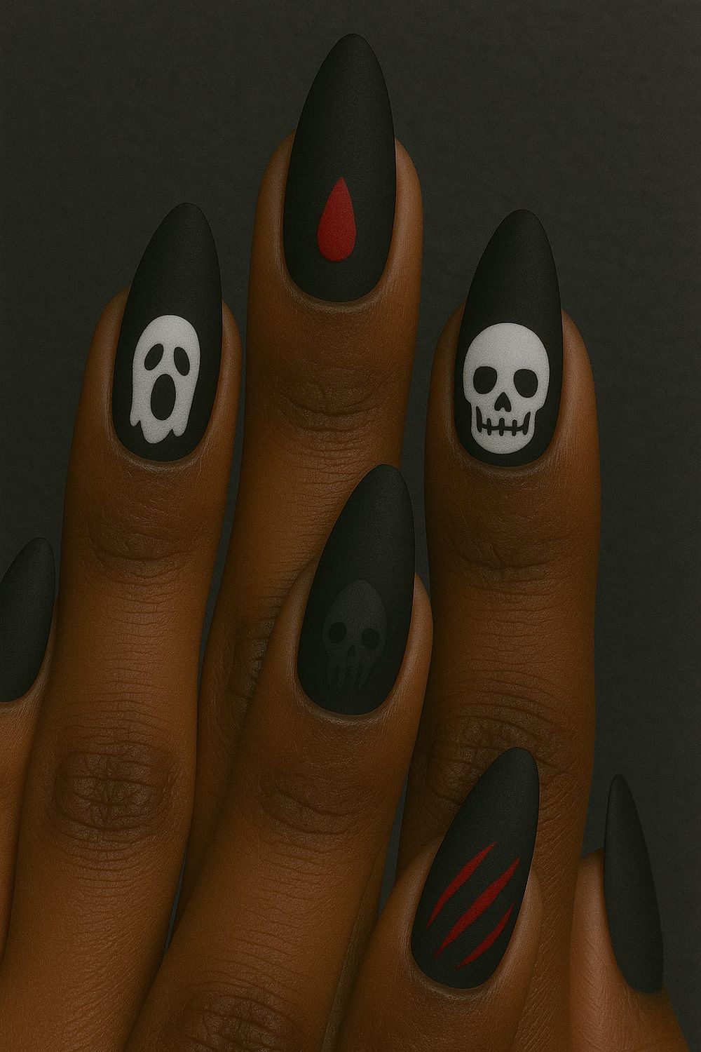 Matte black almond nails on dark skin with white ghost and skull accent art