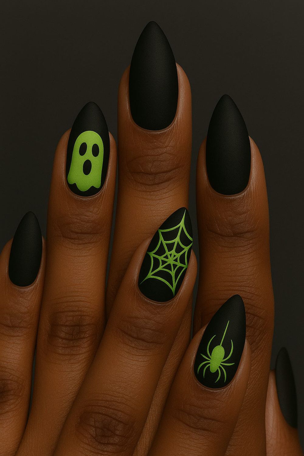 Matte black stiletto nails on dark skin with a neon green ghost, spiderweb and spider design