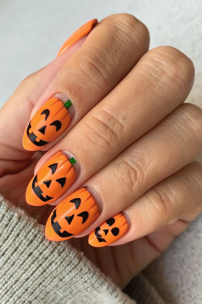 Orange almond nails with hand painted jack-o-lantern faces, worn with a grey knit sleeve