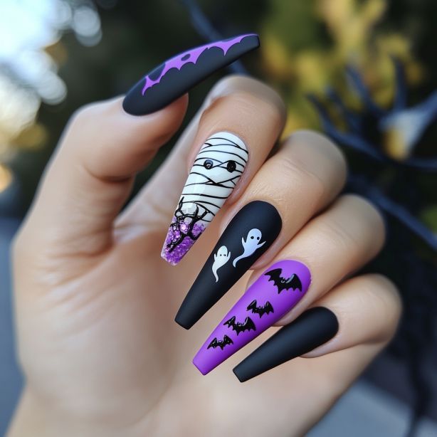 Purple and black coffin nails with mummy wrap, bat and ghost art accents