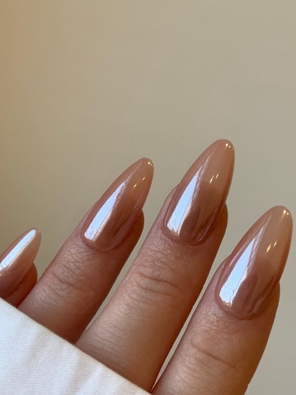 Bronze jelly chrome almond nails, warm bronze translucent metallic set