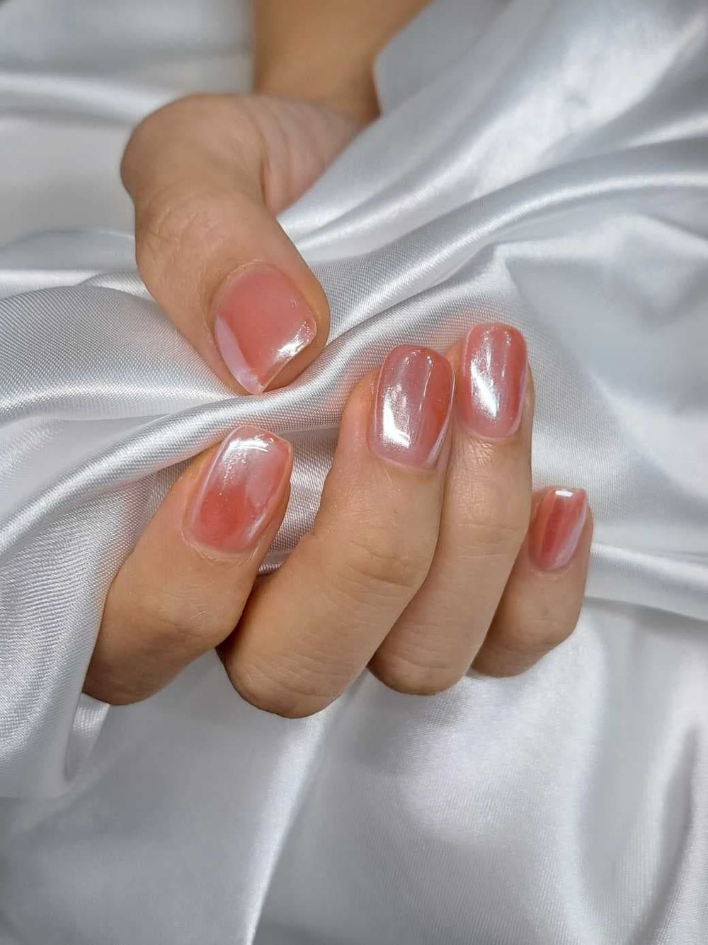 Coral jelly chrome short nails, bright coral translucent short set