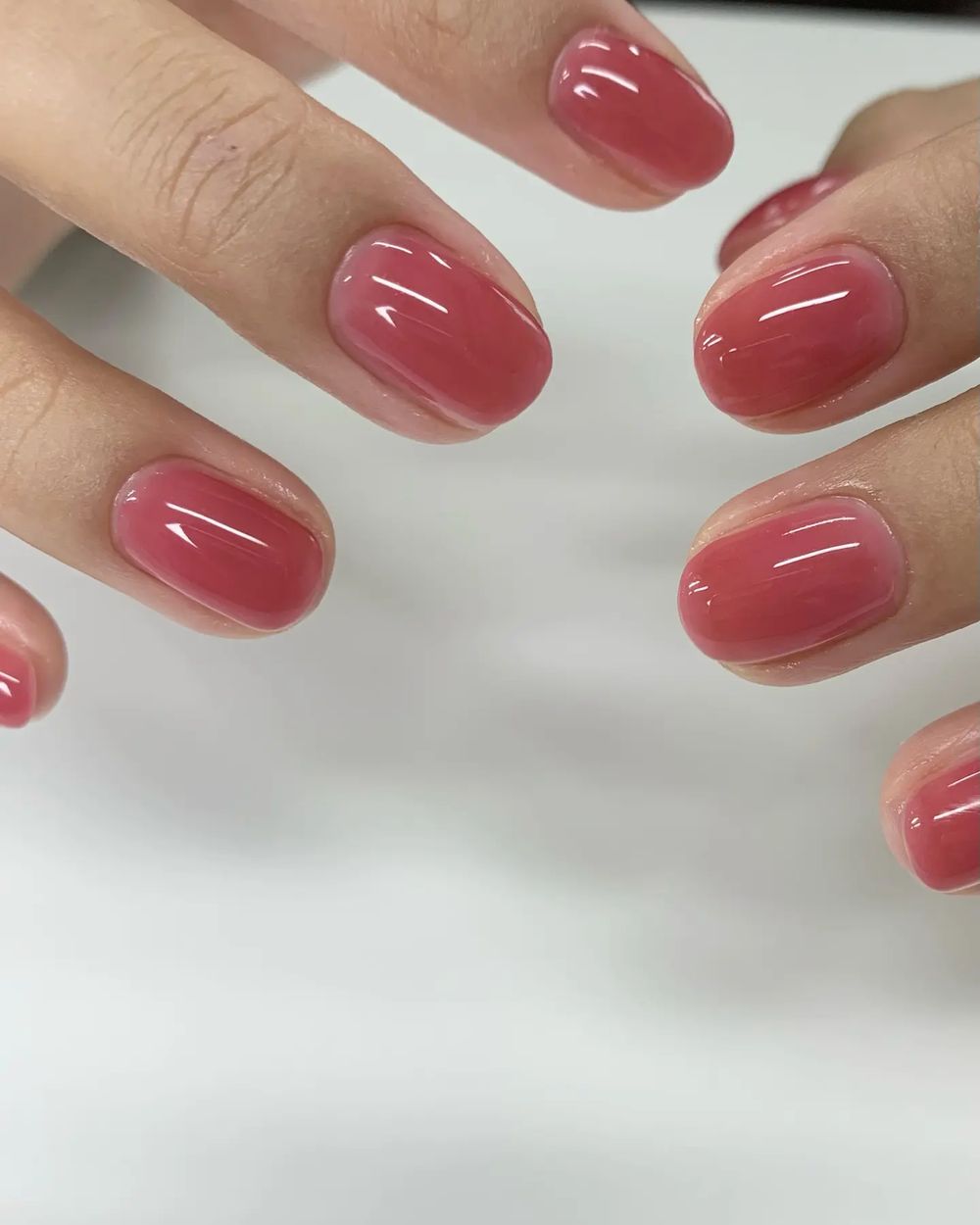 Dusty rose jelly chrome squoval nails, muted rose translucent set