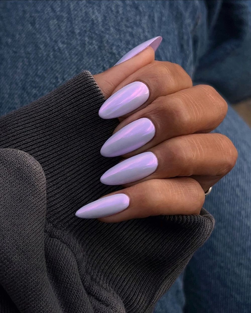 Lavender pearl jelly chrome almond nails in sunlight, purple pearl glow in daylight