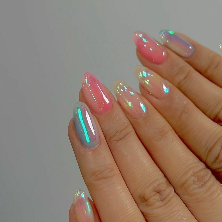 Multicolor aura jelly chrome almond nails, rainbow tinted glow set