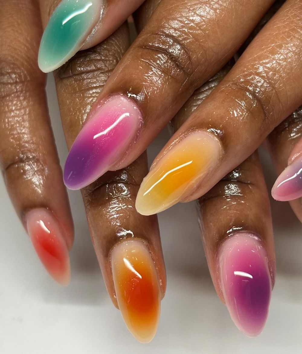 Multicolor jelly ombre long nails on dark skin, rainbow gradient at length