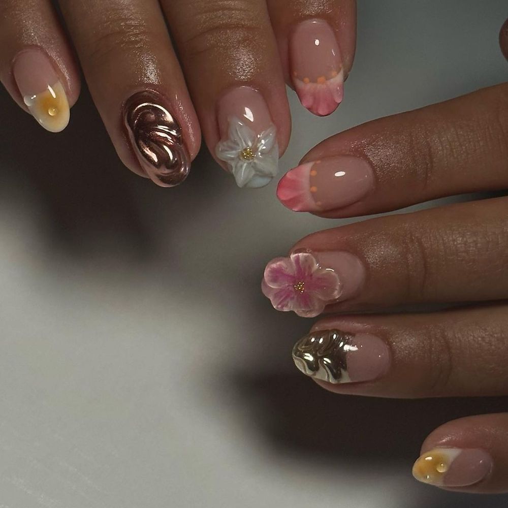 Nude jelly nails with flower art on dark skin, sheer jelly with floral accents