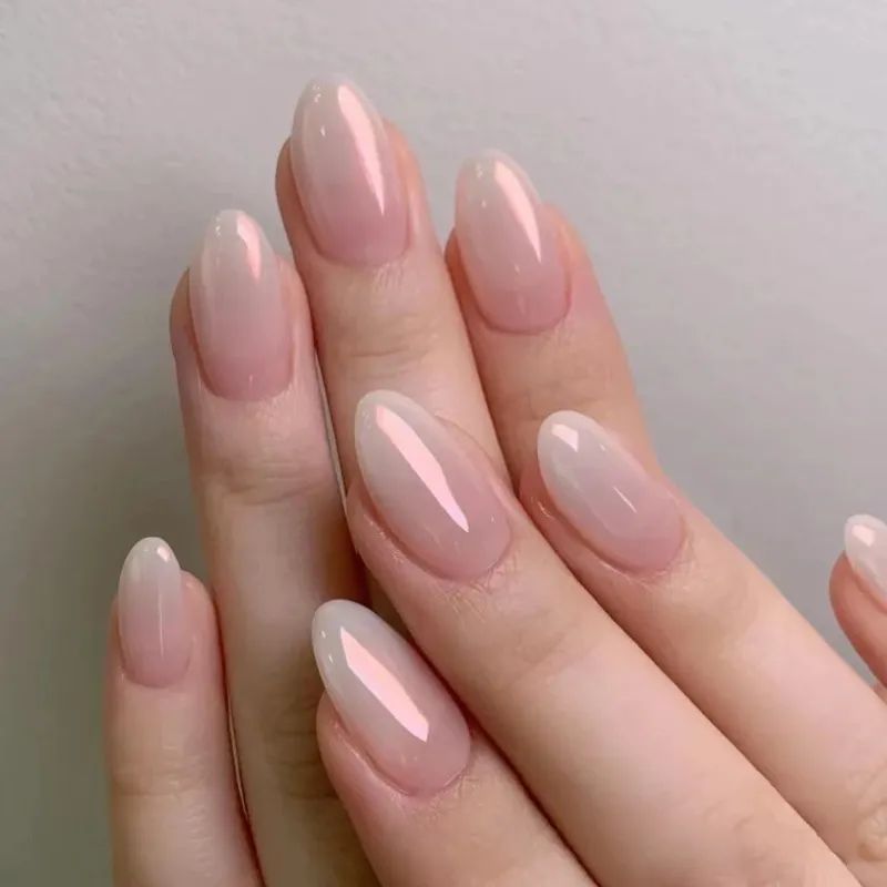 Nude pink jelly chrome almond nails, barely there pink glazed set