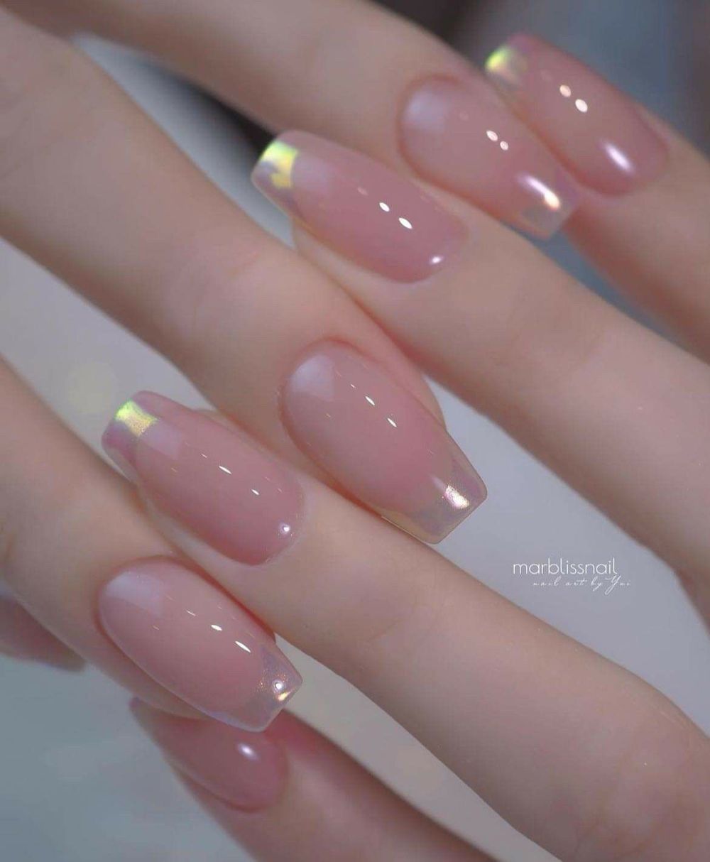 Pink jelly chrome coffin nails with gold French, pink glow with gold tips