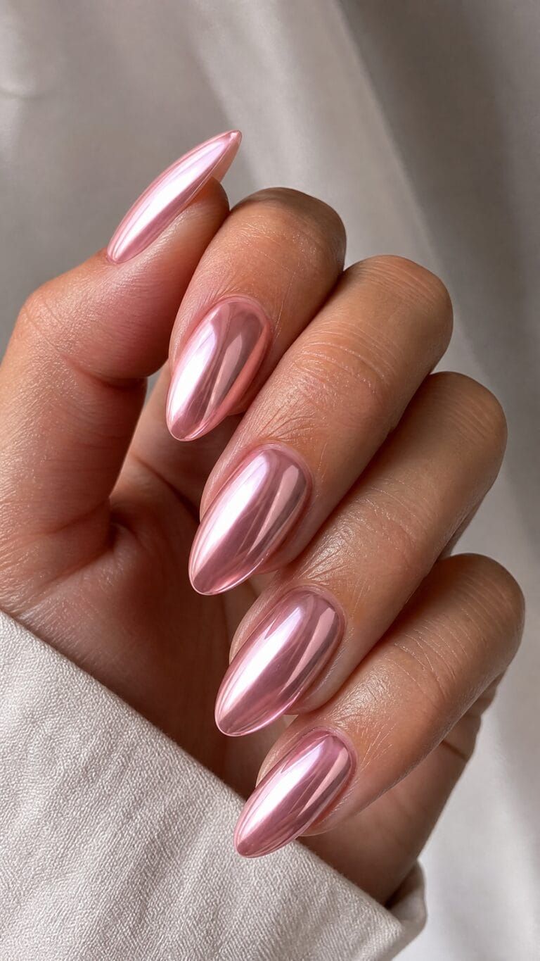 Rose metallic jelly chrome stiletto nails, rose chrome at full length