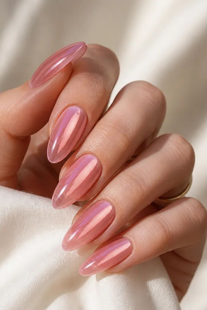 Rose pink jelly chrome almond nails, glassy rose translucent set