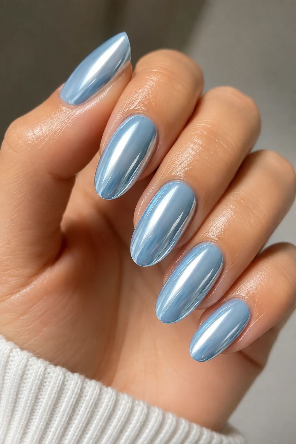 Steel blue jelly chrome almond nails, cool blue grey metallic set
