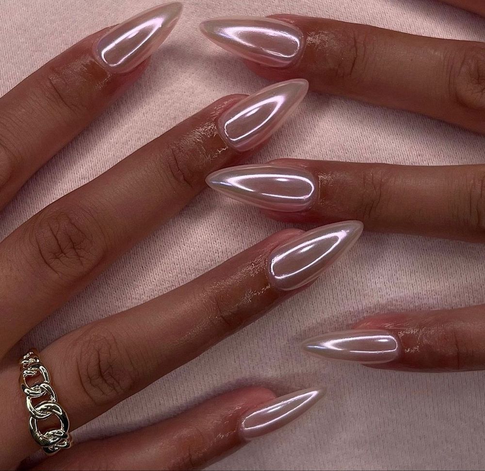 Glass chrome stiletto nails on dark skin, clear glass shine stilettos
