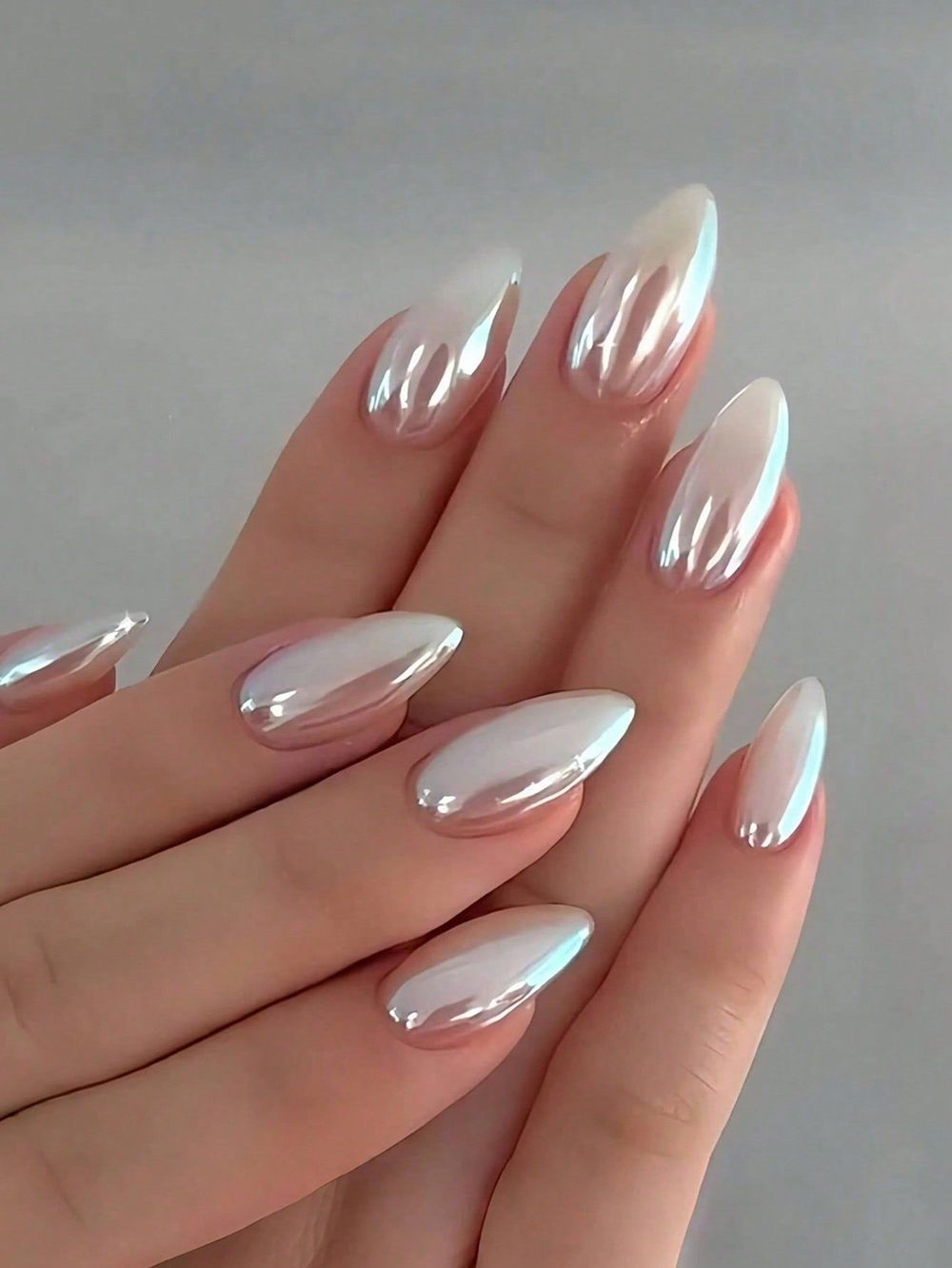 Iridescent mirror chrome almond nails, white mirror finish almond set