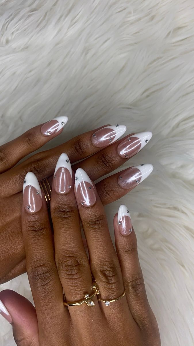 Milky French chrome almond nails on dark skin, glazed French on deep skin