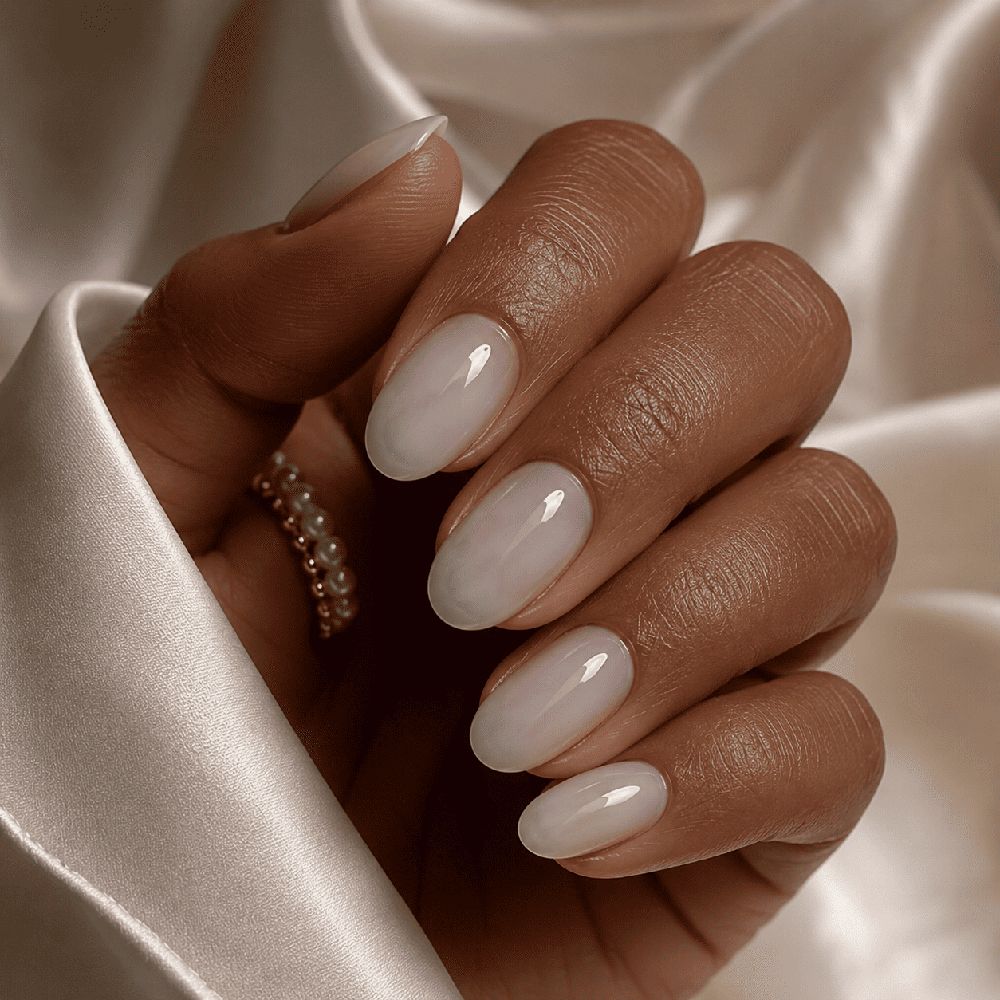 Milky nude almond nails on deep skin with satin, nude white satin set
