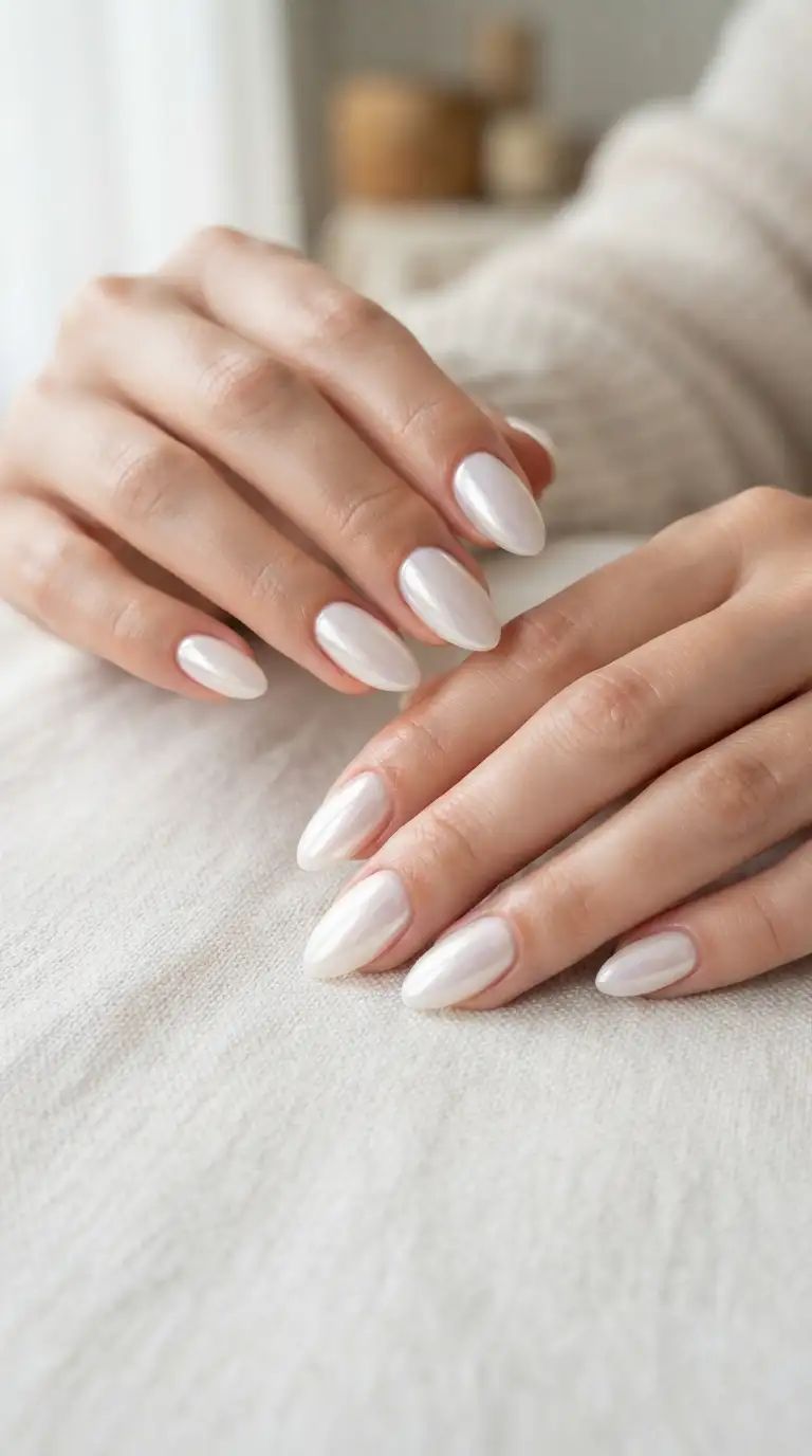Milky white chrome almond nails on cream fabric, glazed white on a cream backdrop