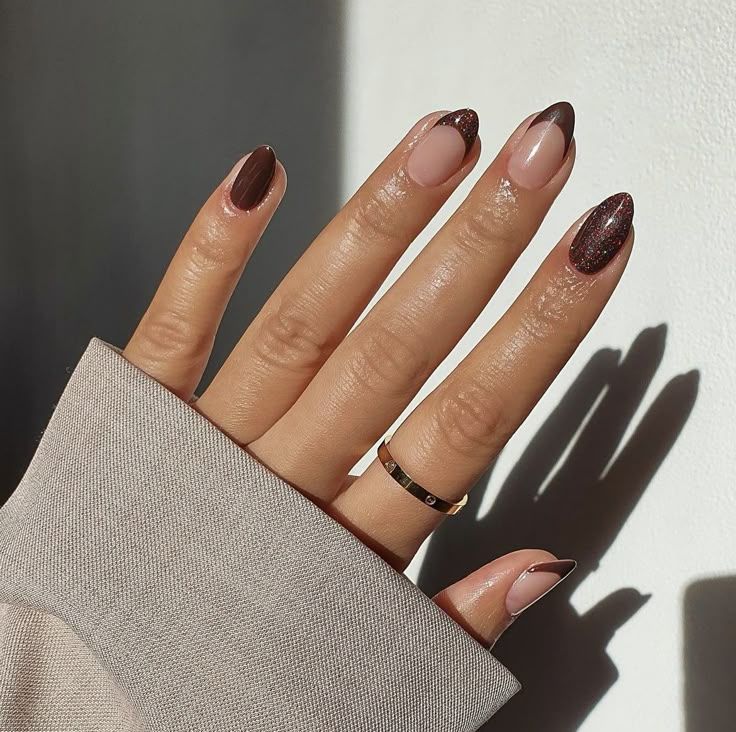 Brown glitter French almond nails, chocolate tips dusted with glitter